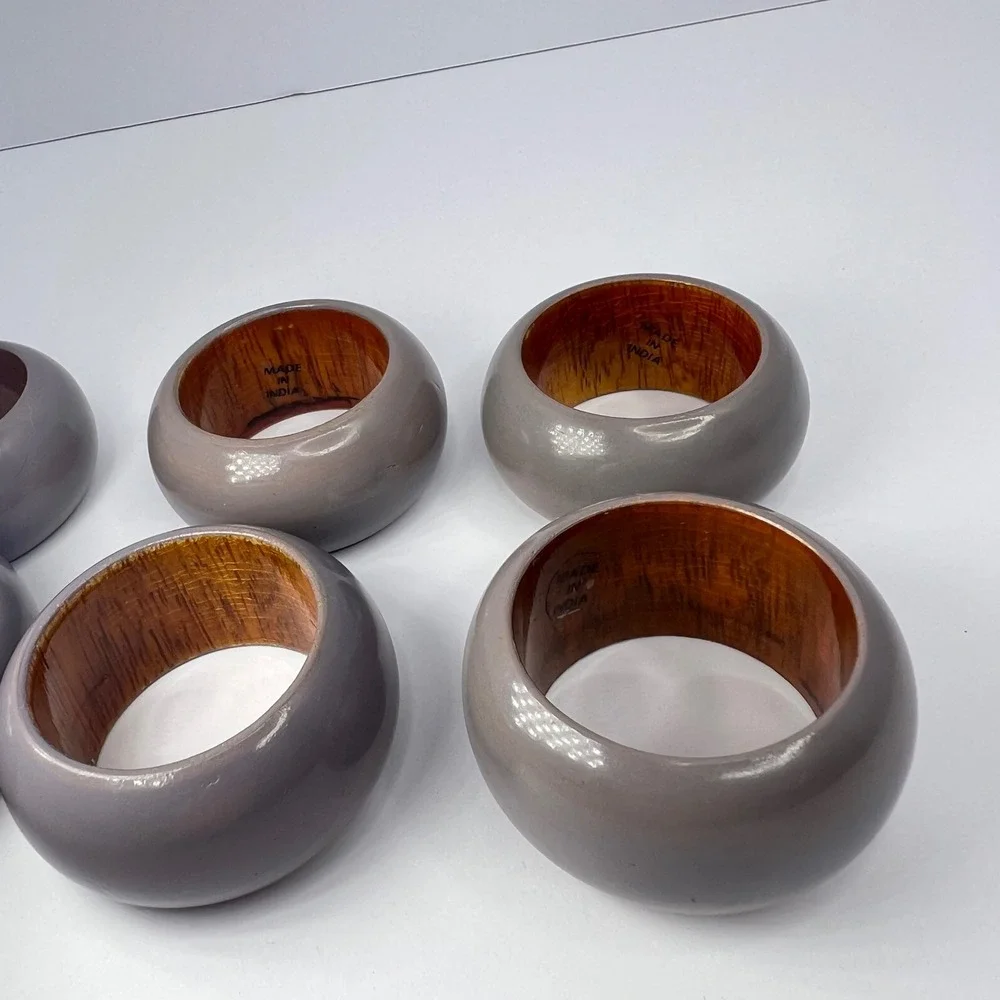 6 Vintage Wood Greige Napkin Rings‎ Made in India Taupe Grey Boho Eclectic Retro